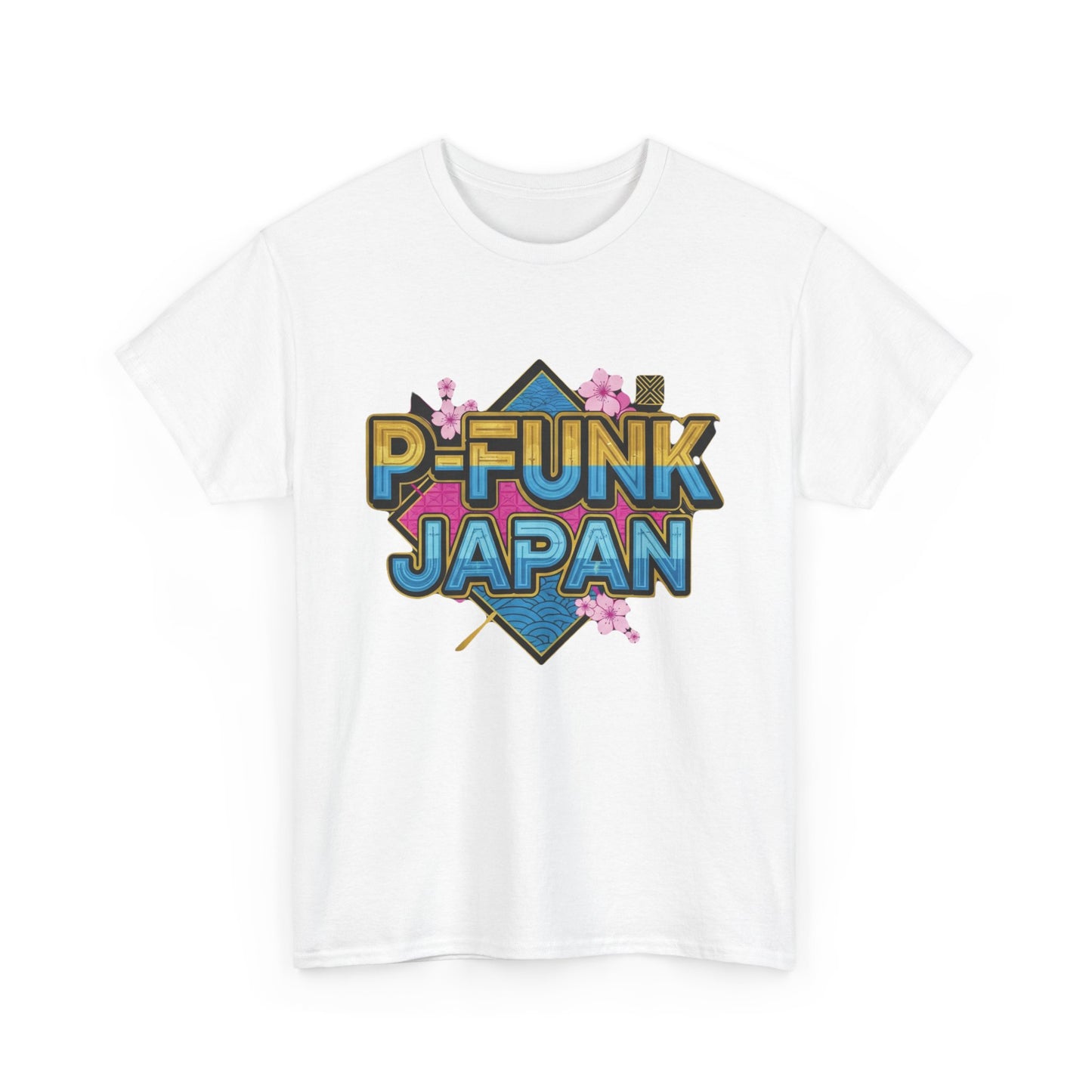 P-Funk Japan Tee — Retro Neon Logo T‑Shirt with Cherry Blossoms