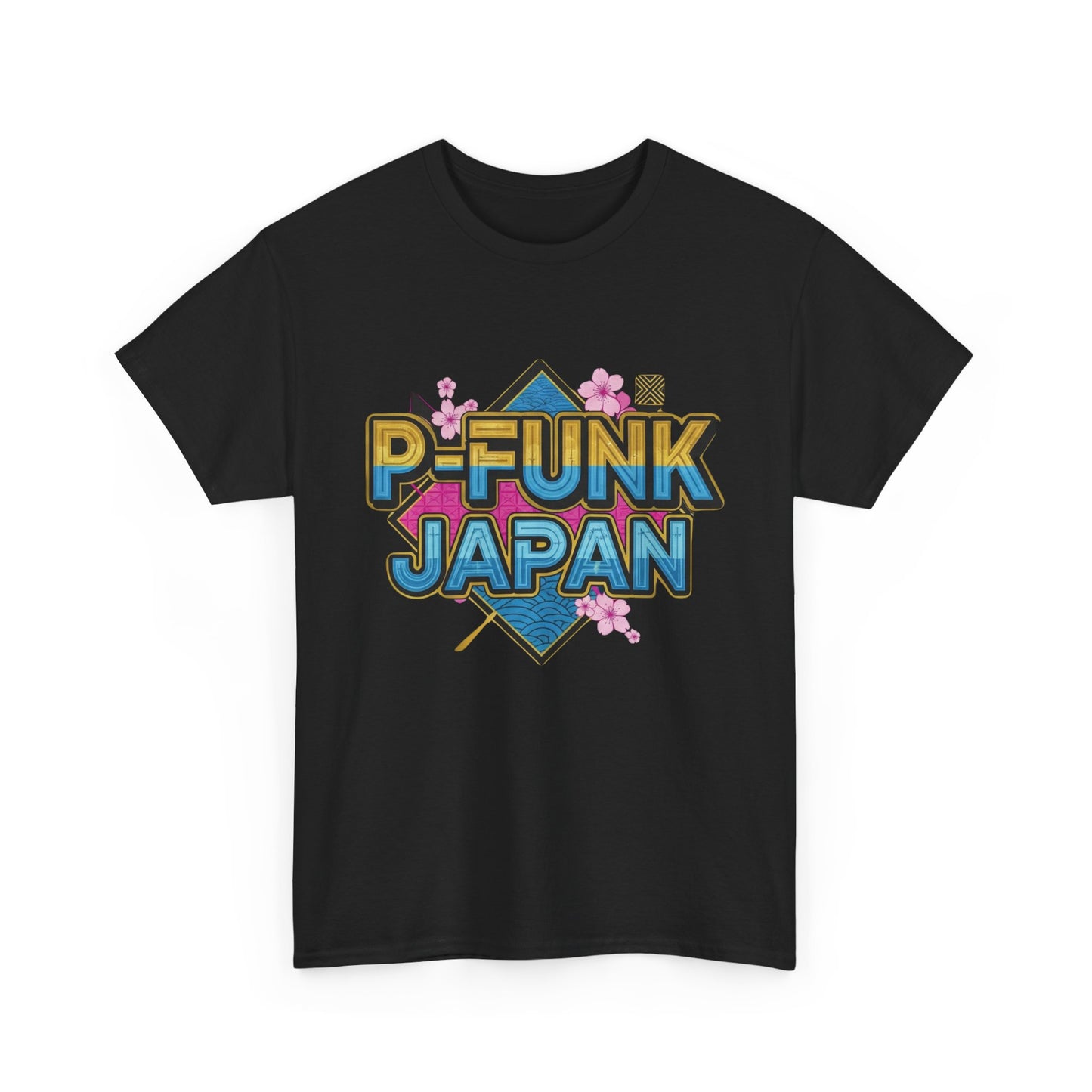 P-Funk Japan Tee — Retro Neon Logo T‑Shirt with Cherry Blossoms
