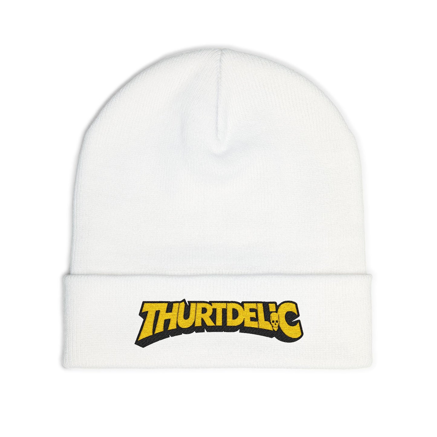 Embroidered 'THURTDELIC' Knit Beanie – Retro Bold Logo Winter Hat