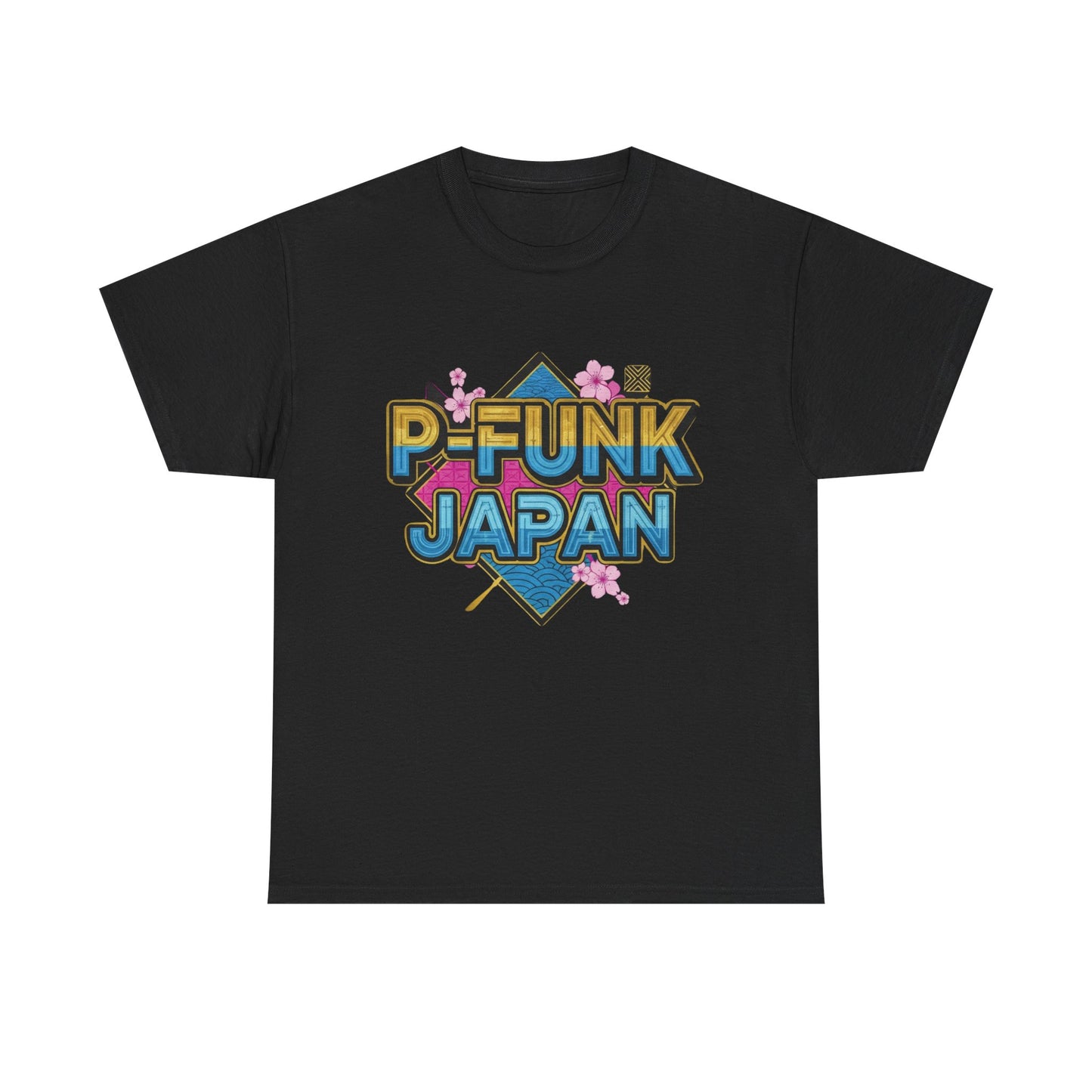 P-Funk Japan Tee — Retro Neon Logo T‑Shirt with Cherry Blossoms