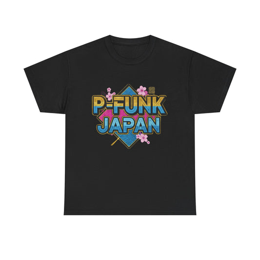 P-Funk Japan Tee — Retro Neon Logo T‑Shirt with Cherry Blossoms
