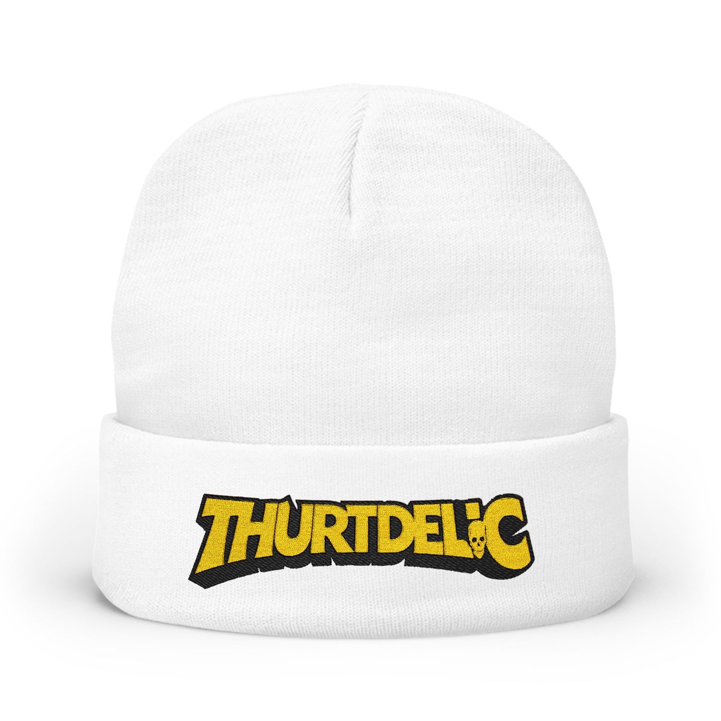 Embroidered 'THURTDELIC' Knit Beanie – Retro Bold Logo Winter Hat