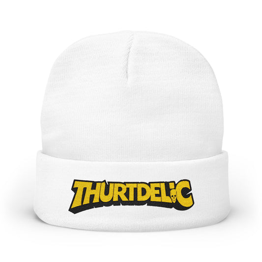 Embroidered 'THURTDELIC' Knit Beanie – Retro Bold Logo Winter Hat