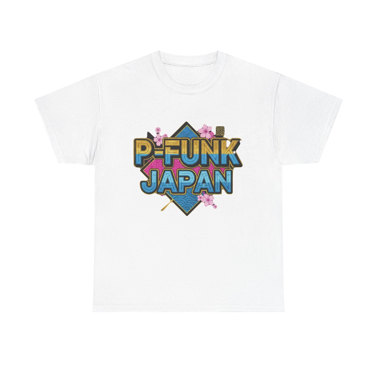 P-Funk Japan Tee — Retro Neon Logo T‑Shirt with Cherry Blossoms